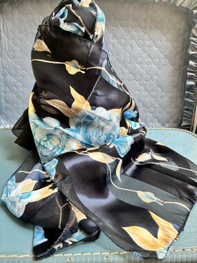VTG George Black Scarf with Blue Rose and Gold Leaf Print